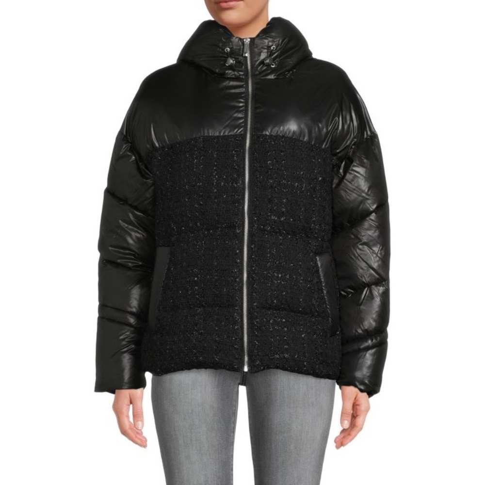 BCBGMaxAzria Hooded Tweed Puffer Jacket